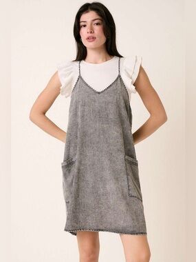 Mittoshop Washed Patch Pocket Mini Cami Denim Dress
